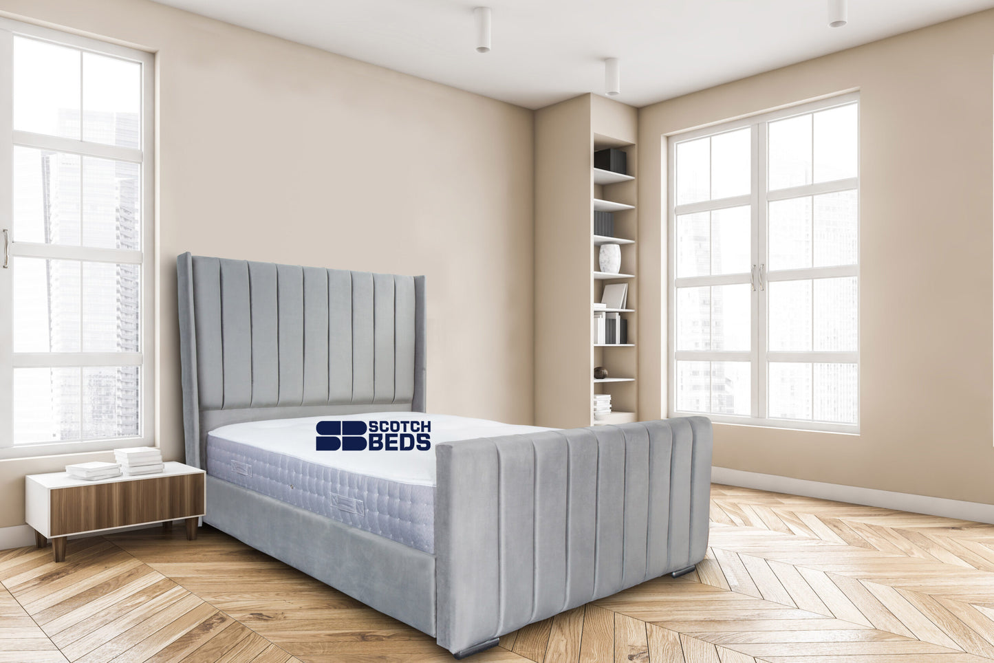 Wooden bedroom and canvas over bed with linens, beige walls and