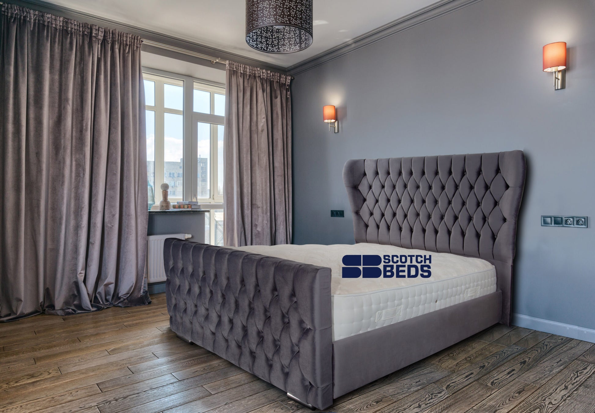 Interior of gray cozy bedroom