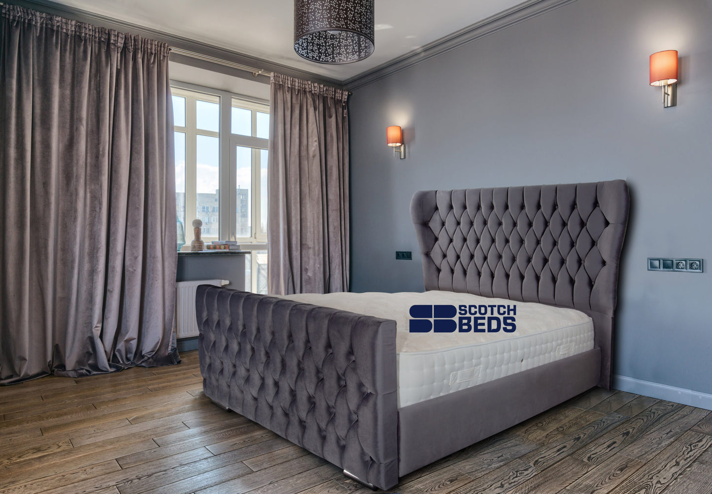 Interior of gray cozy bedroom