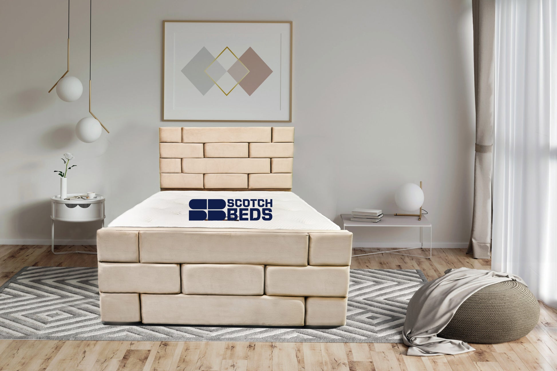 3d illustration. Cozy bedroom in warm colors with painting, a ni