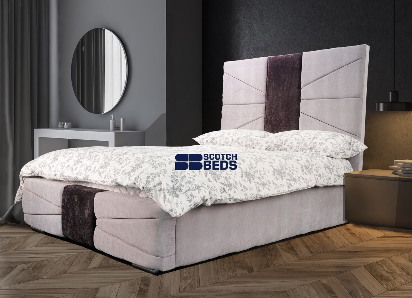 Gray panoramic bedroom with makeup table