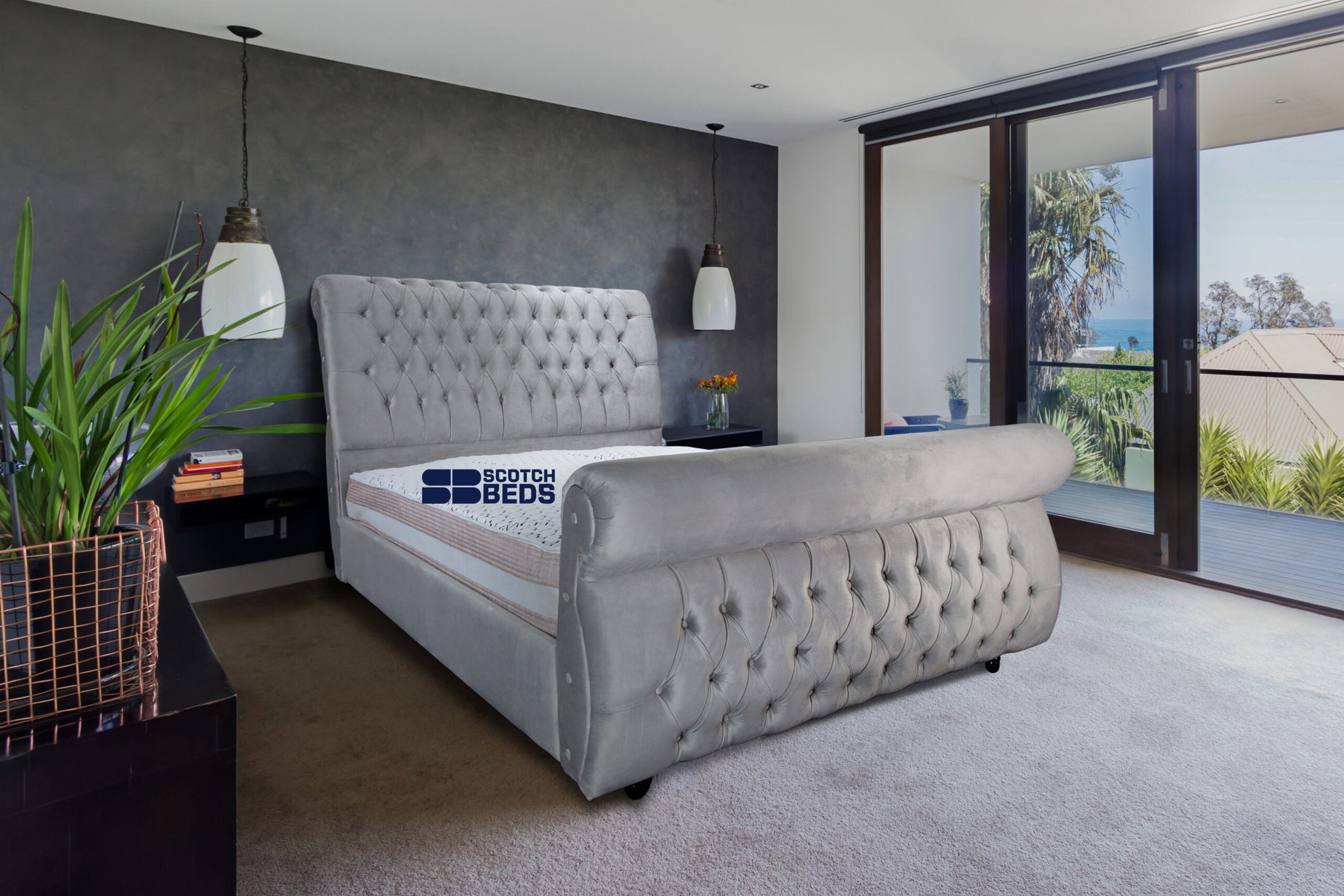 Spacious interior of designer master bedroom in luxury Australia