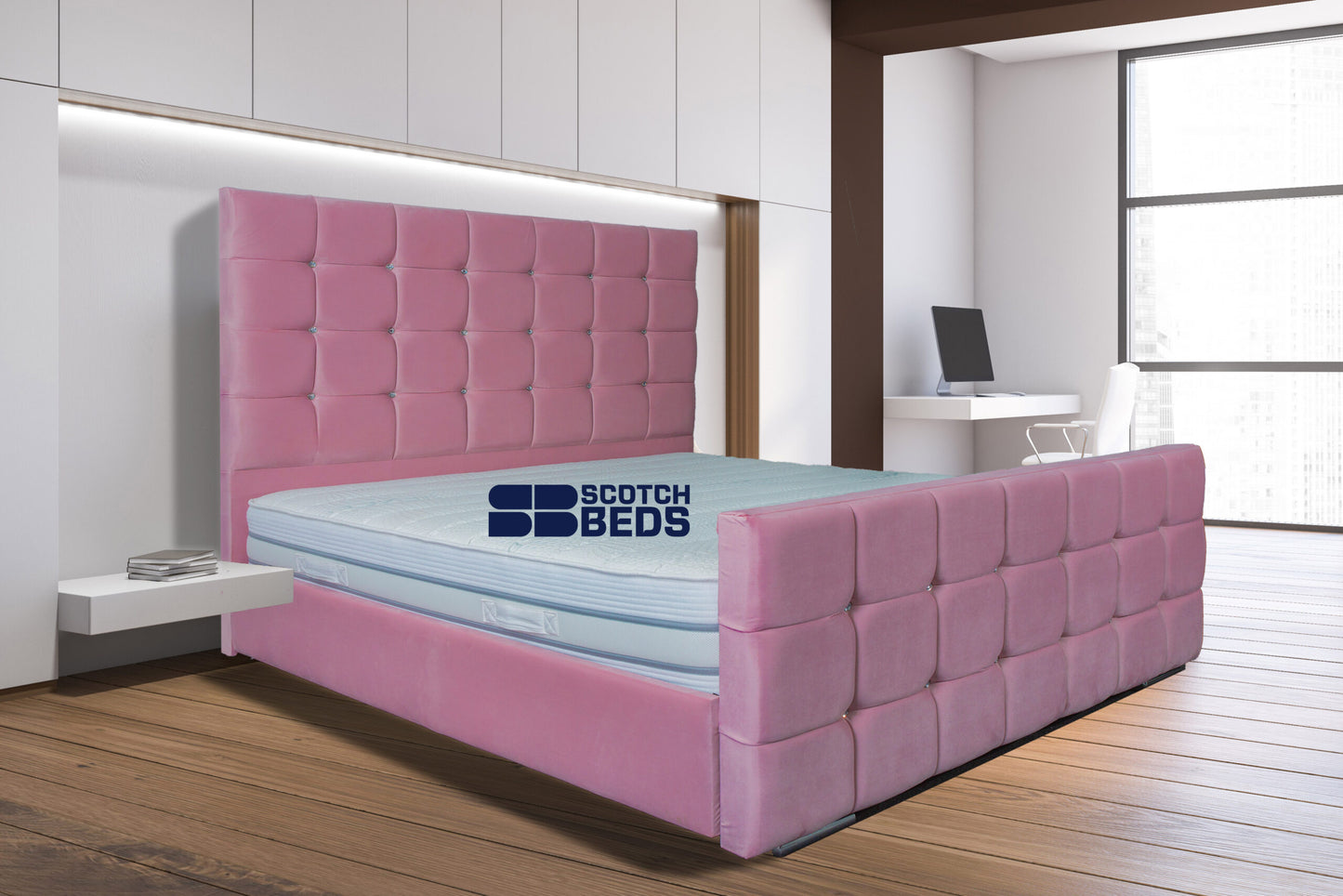 White and wood bedroom corner with home office